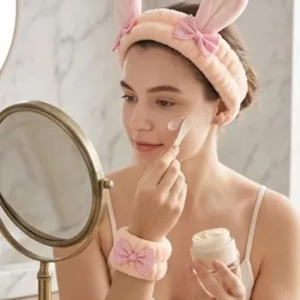 set de vincha con orejas de conejo y muñequeras para skincare