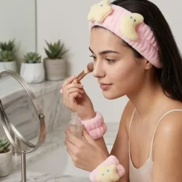 set de vincha elástica y muñequeras para skincare con un diseño de estrellas y lunas acolchadas