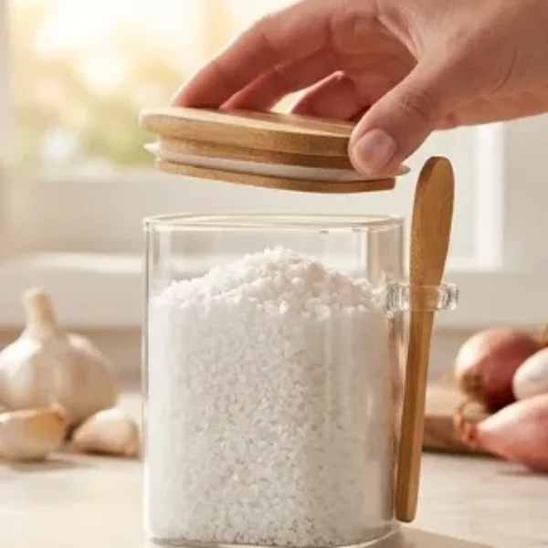 frasco de almacenamiento cuadrado con tapa y una cuchara de bambú 10*10CM