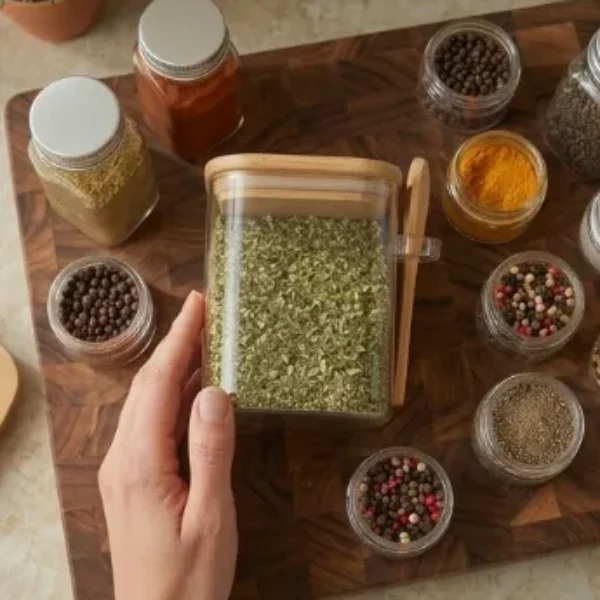 frasco de almacenamiento cuadrado con tapa y una cuchara de bambú 10*18CM