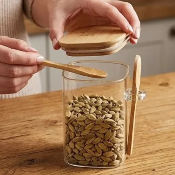 frasco de almacenamiento cuadrado con tapa y una cuchara de bambú 10*20CM
