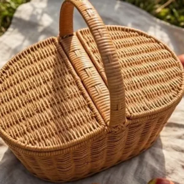 Cesta de Picnic tejida de mimbre con doble tapa y asa 37*23*35CM