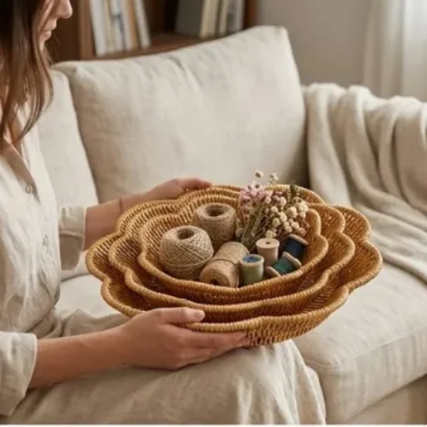 Cesta tejida de mimbre de 3 piezas con diseño de flor (talla:L 27*6CM talla:M 24*6CM talla:S 21*5CM)