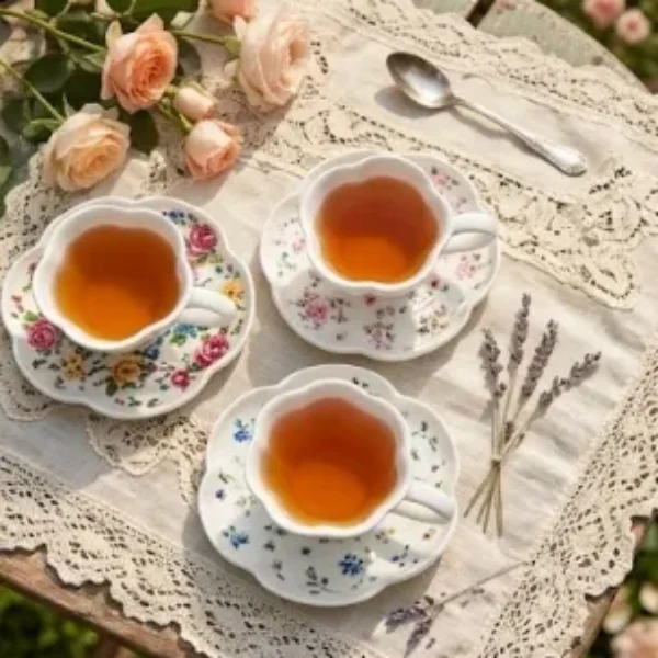 set de 4 juegos de taza con plato de cerámica con forma de flor 9.5*2.5*7*2*14.5CM