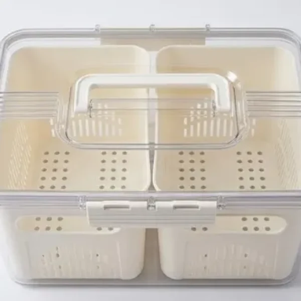 Contenedor acrílico de alimentos con tapa , asa y cesta de 2 compartimentos 31.23.8*14.2CM