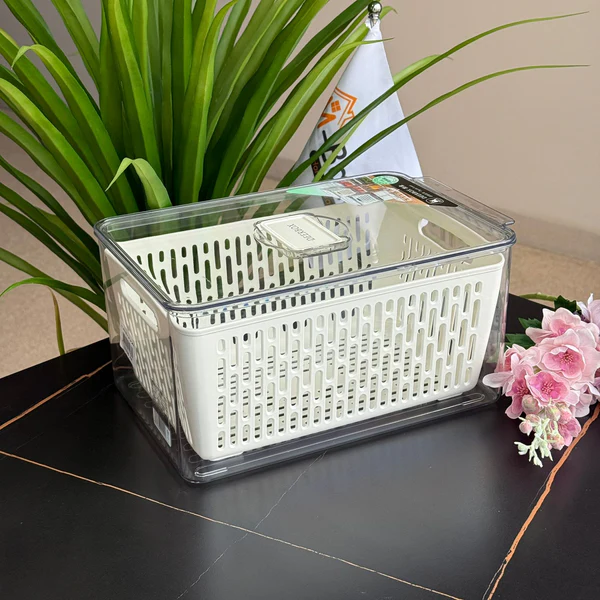 Contenedor acrílico de alimentos con tapa y bandeja escurridora 31.5*16*14.5cm