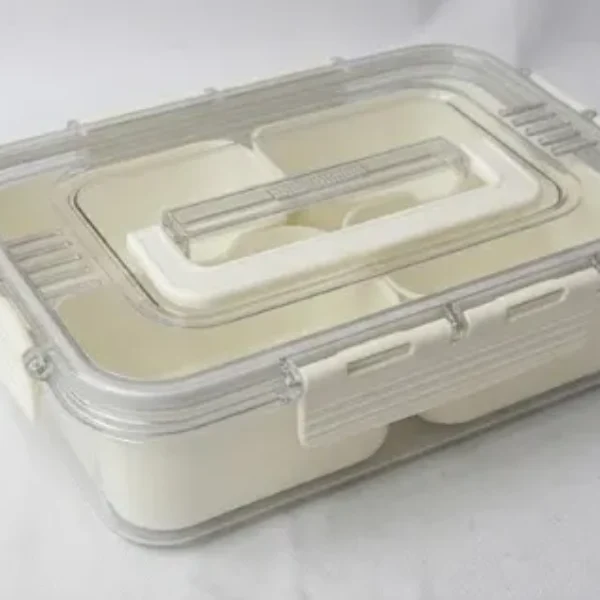Contenedor acrílico de alimentos con tapa , asa y cesta de 4 compartimentos 23.8*17*6.8CM