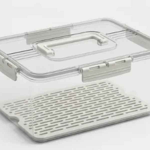 Contenedor acrílico de alimentos con tapa , asa y bandeja escurridora 31*23.8*14.2CM
