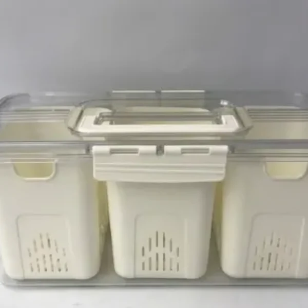 Contenedor acrílico de alimentos con tapa , asa y cesta de 3 compartimentos 34.2*17*13.3CM