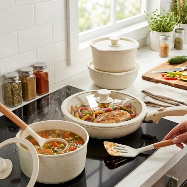 Juego 5 piezas de ollas y sartenes con mango desmontable