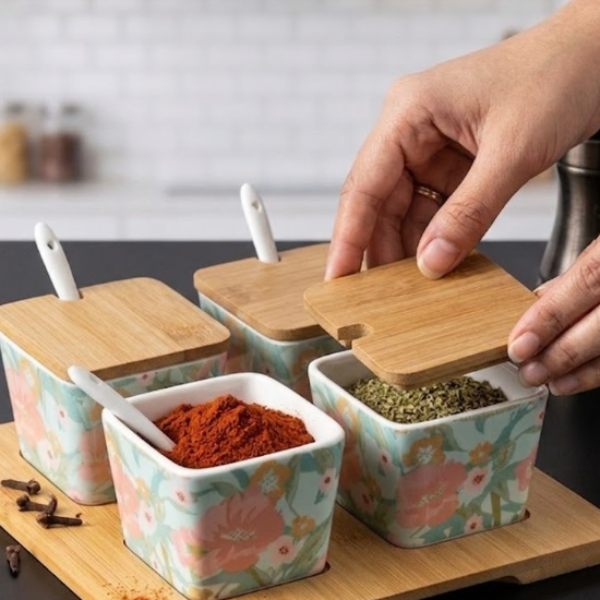 set de 4 especieros de cocina de fibra de bambú 22*22CM 7.5*6.5CM