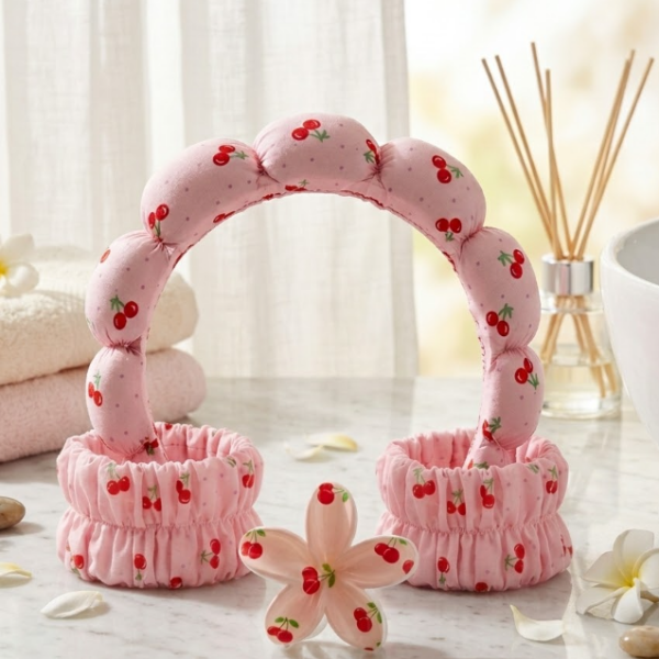 vincha elástica para skincare con un diseño de orejas de conejo y una flor amarilla